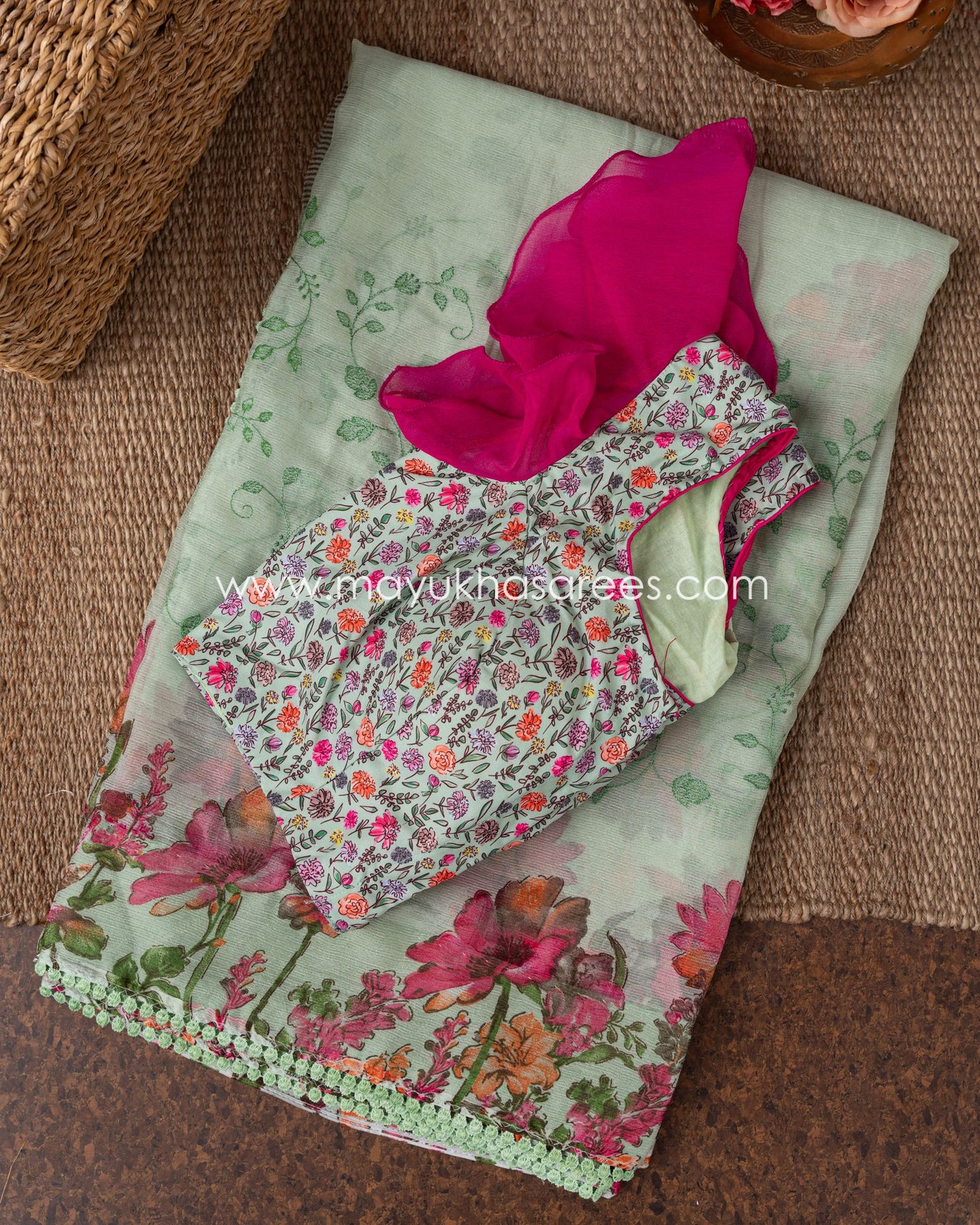 Floral Bliss: Pure Silk Pastel Green And Pink Gorgette Saree