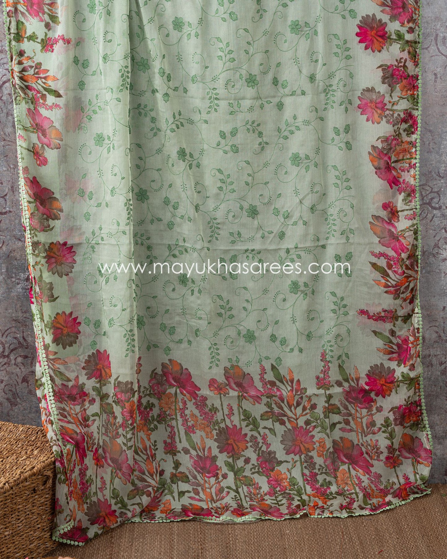 Floral Bliss: Pure Silk Pastel Green And Pink Gorgette Saree