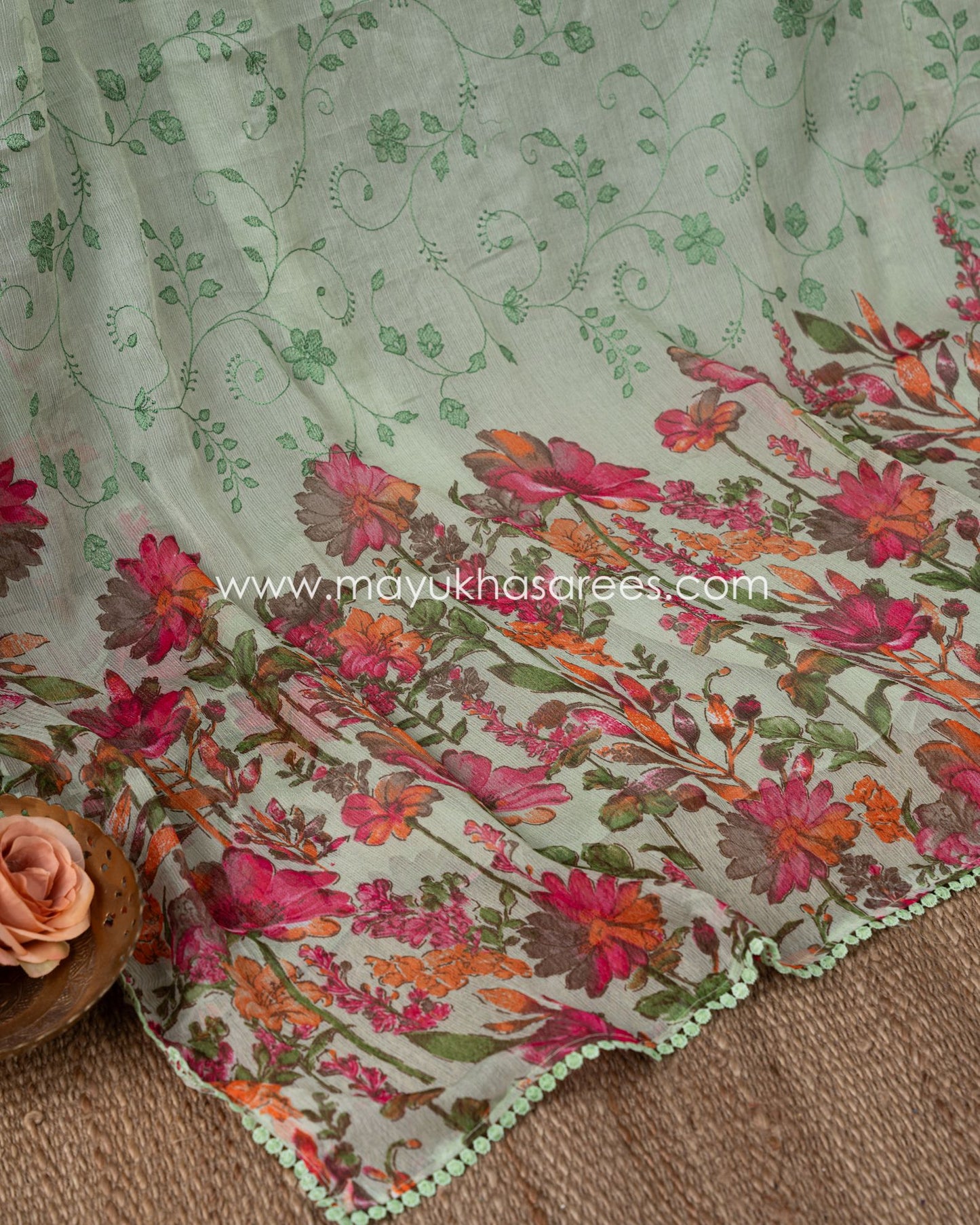 Floral Bliss: Pure Silk Pastel Green And Pink Gorgette Saree