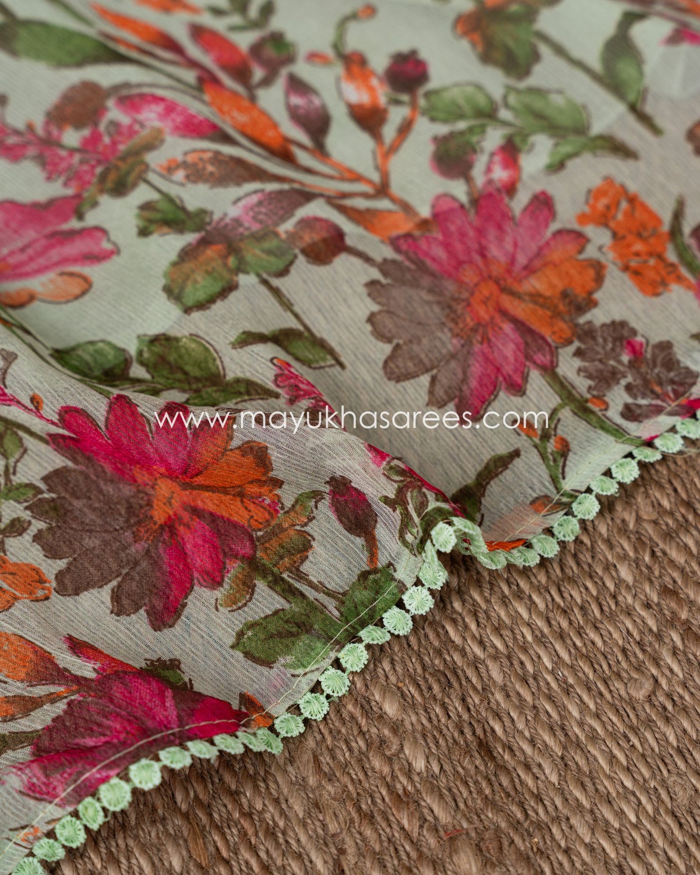 Floral Bliss: Pure Silk Pastel Green And Pink Gorgette Saree