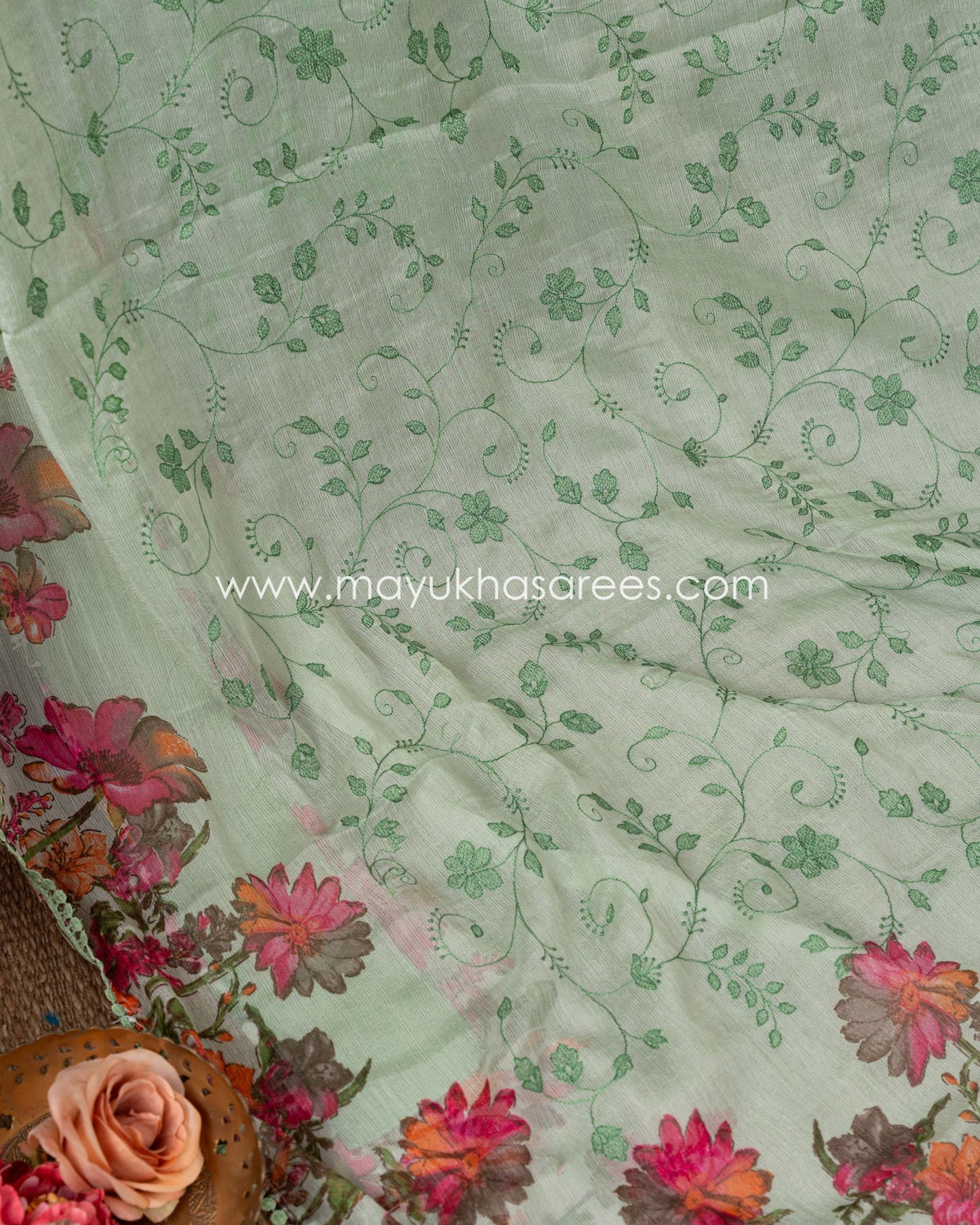 Floral Bliss: Pure Silk Pastel Green And Pink Gorgette Saree