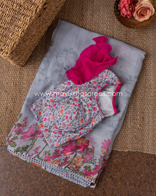 Silk Blossom: Grey And Pink Floral Print Gorgette Saree With Stitched Custom Blouse