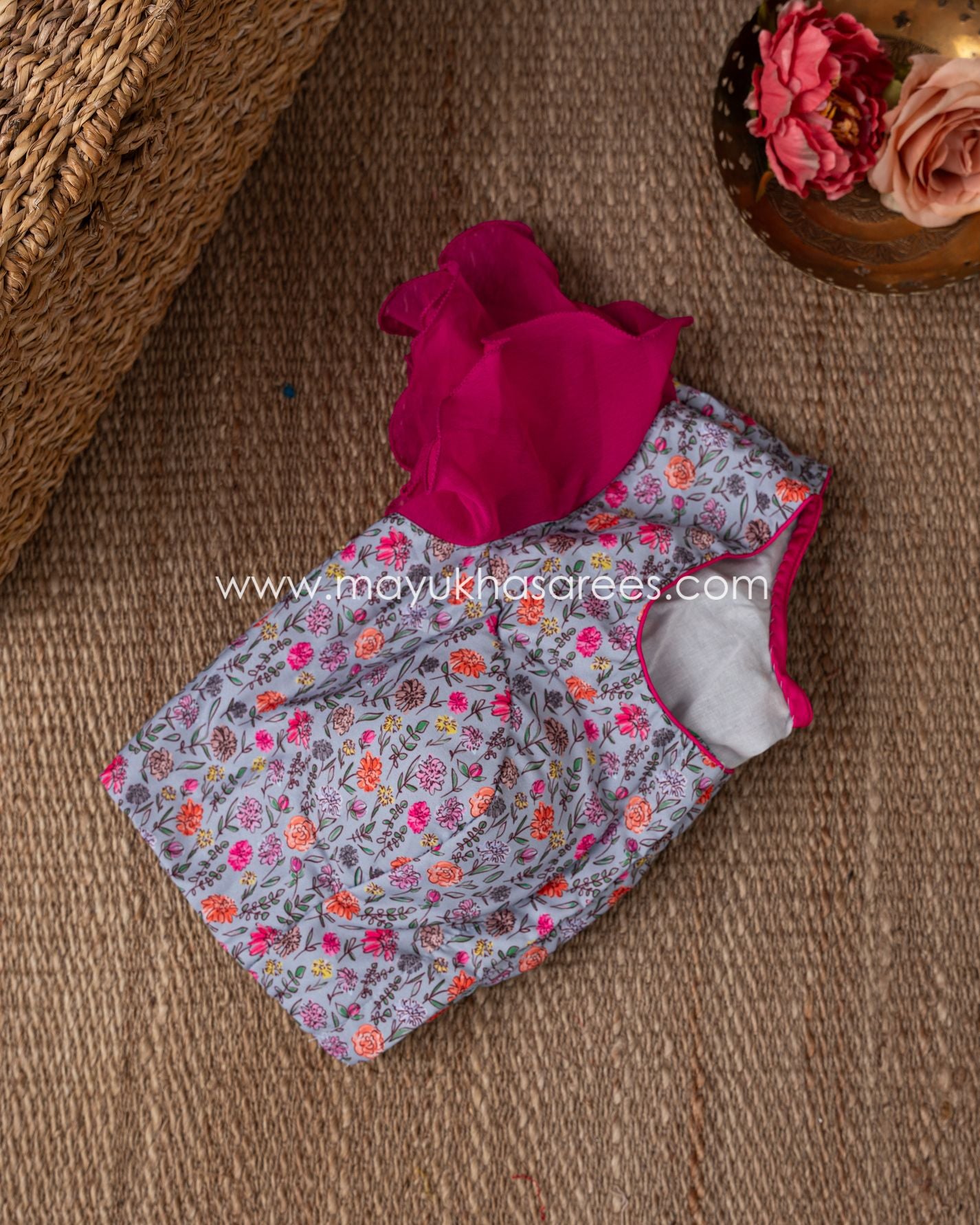 Silk Blossom: Grey And Pink Floral Print Gorgette Saree With Stitched Custom Blouse