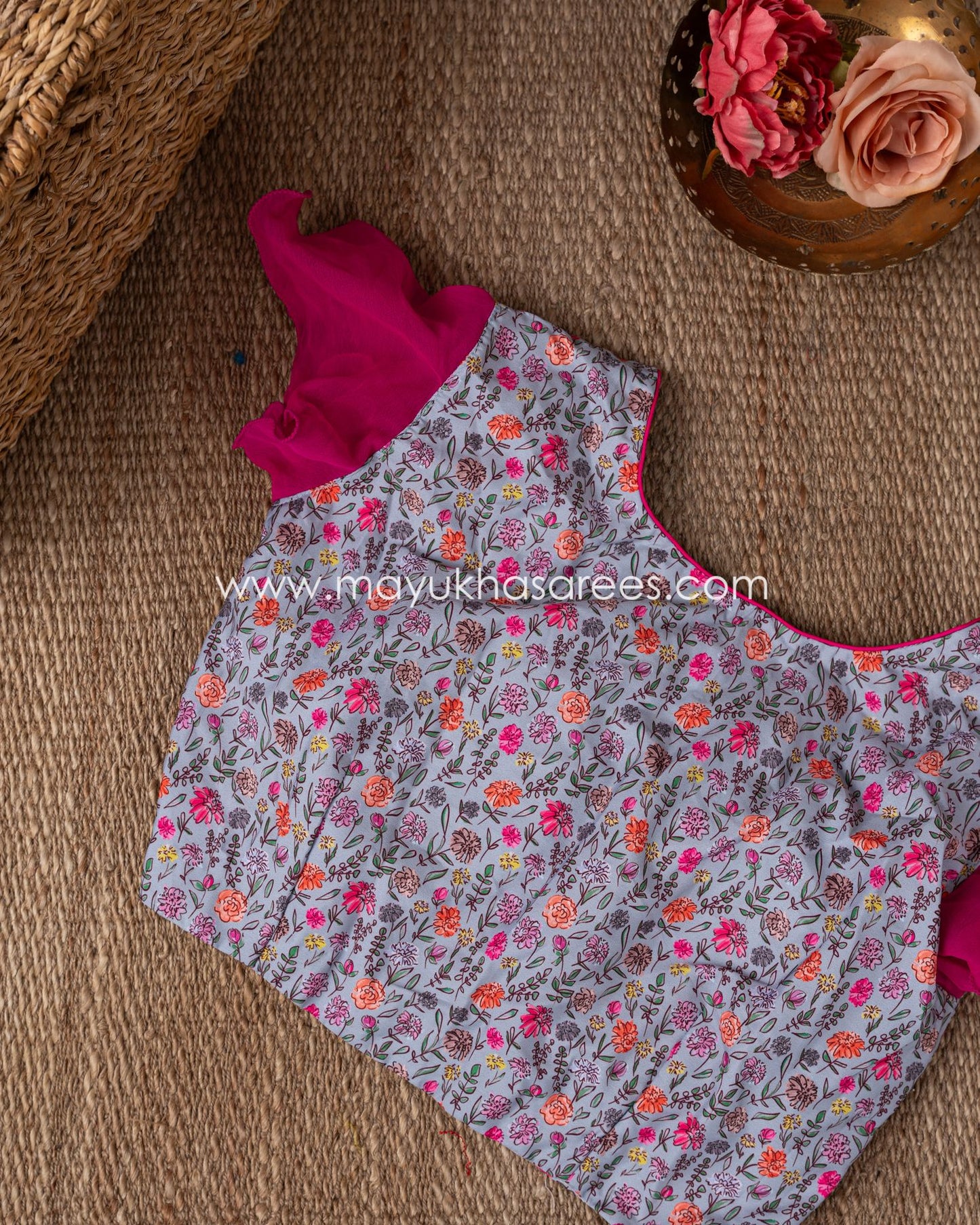Silk Blossom: Grey And Pink Floral Print Gorgette Saree With Stitched Custom Blouse