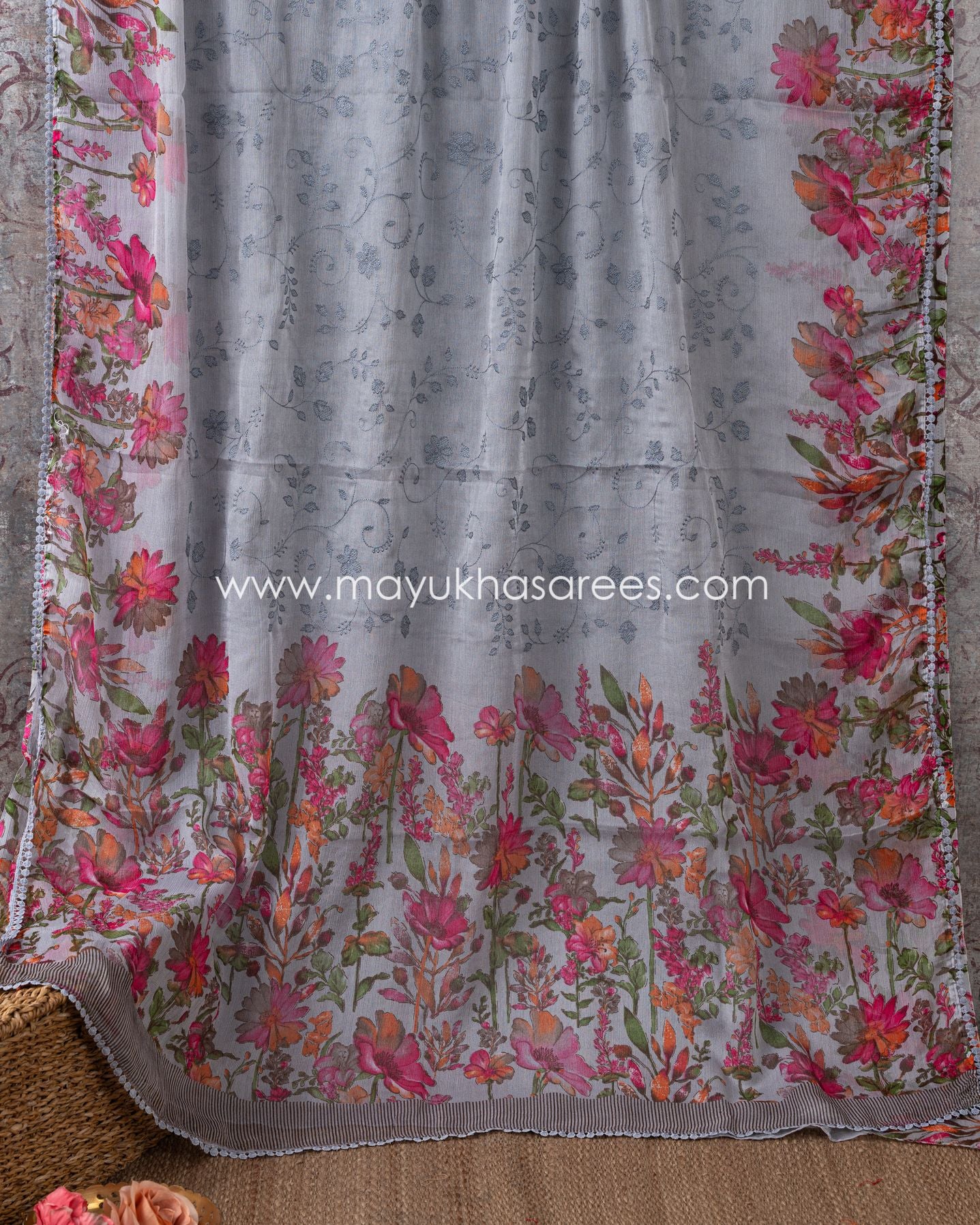 Silk Blossom: Grey And Pink Floral Print Gorgette Saree With Stitched Custom Blouse
