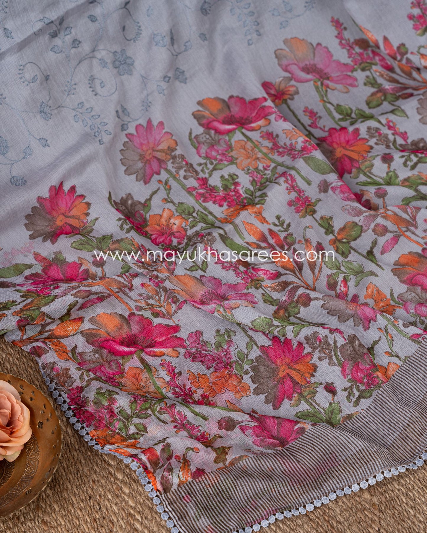 Silk Blossom: Grey And Pink Floral Print Gorgette Saree With Stitched Custom Blouse