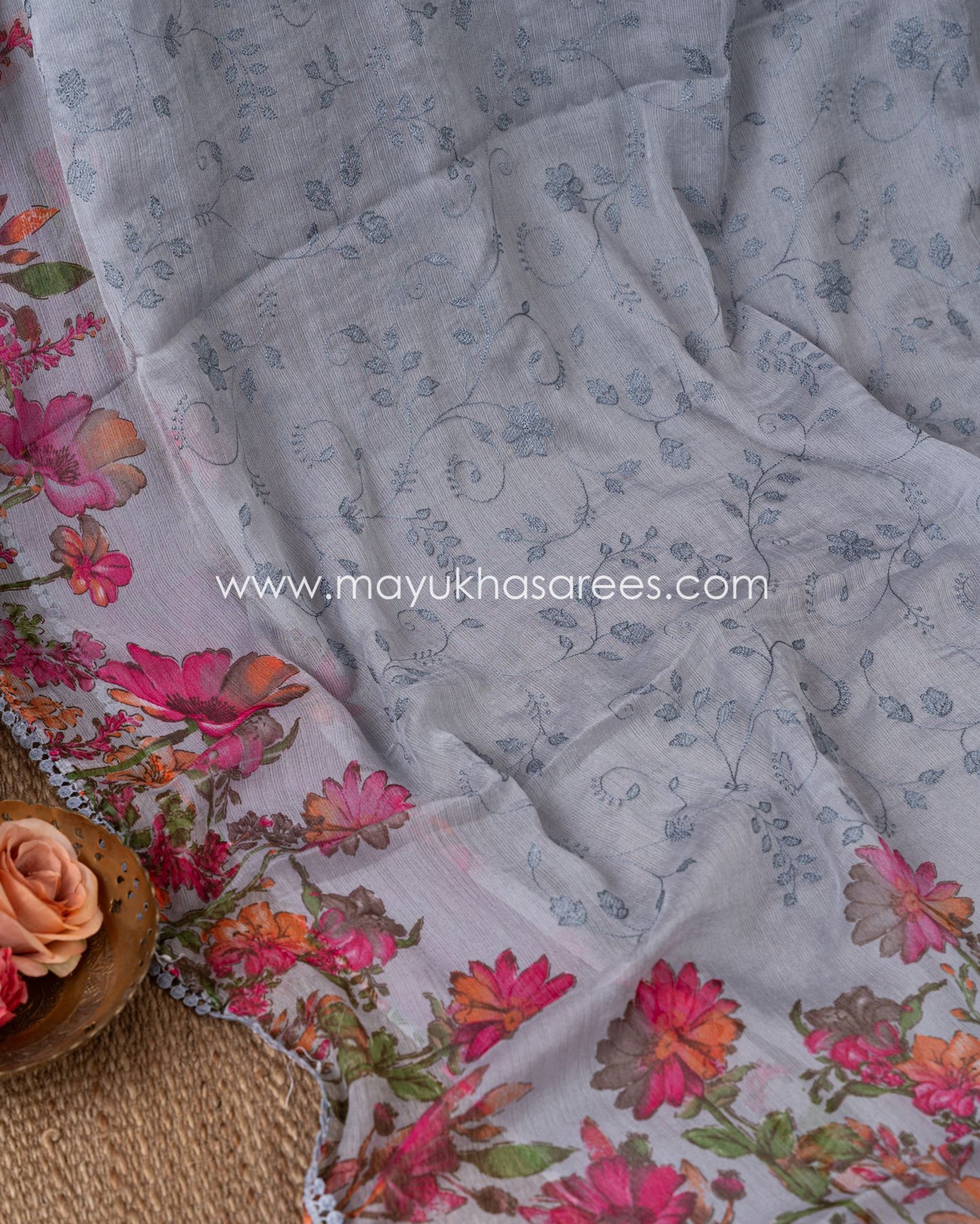 Silk Blossom: Grey And Pink Floral Print Gorgette Saree With Stitched Custom Blouse