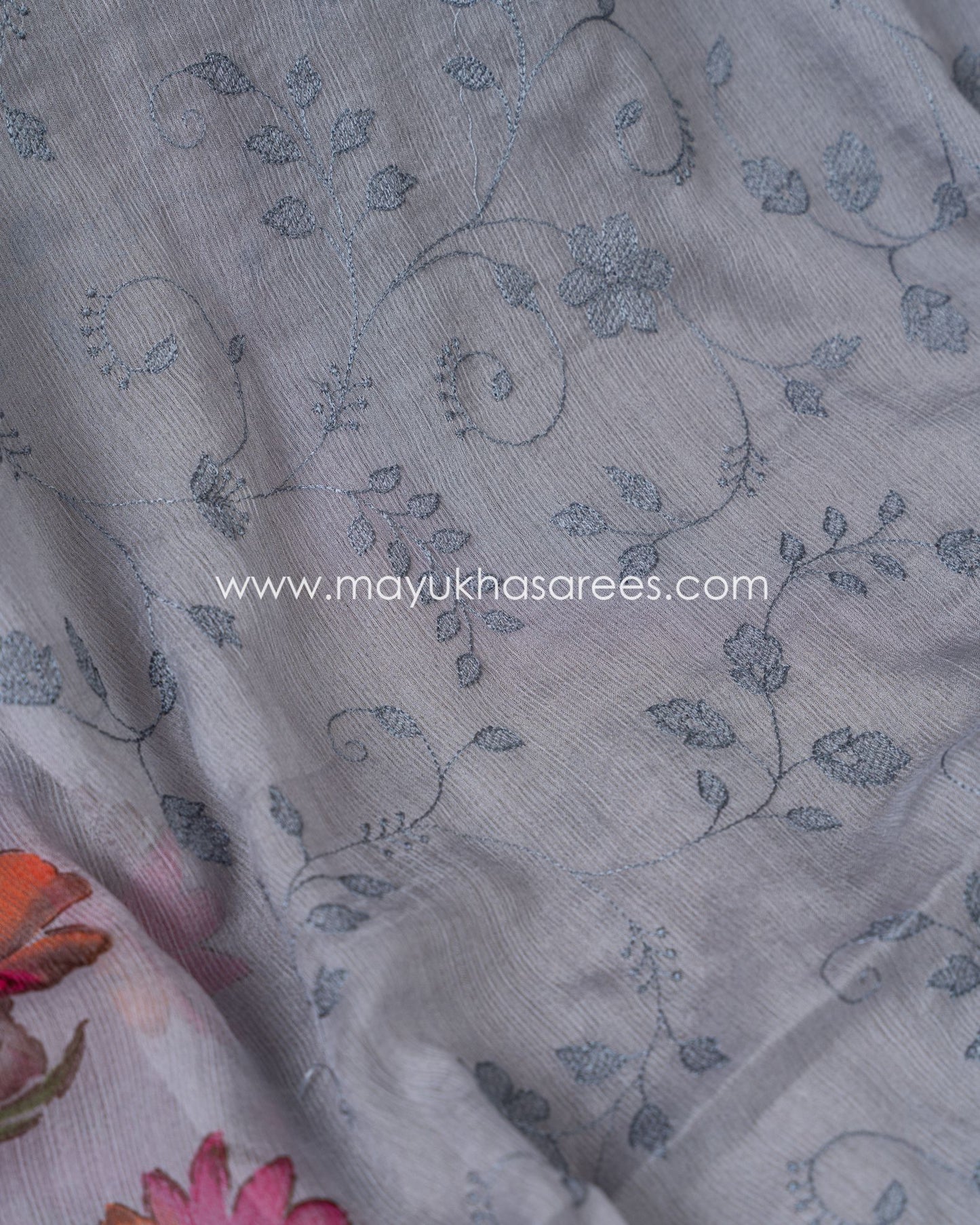 Silk Blossom: Grey And Pink Floral Print Gorgette Saree With Stitched Custom Blouse
