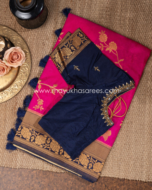 Pink And Blue Banarasi Munga Silk Saree With Stitched Blouse mayukhasarees