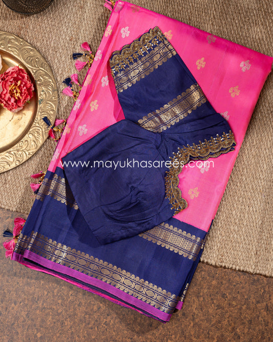 Pink And Navy-Blue Gadwal Silk Saree With Stitched Blouse mayukhasarees