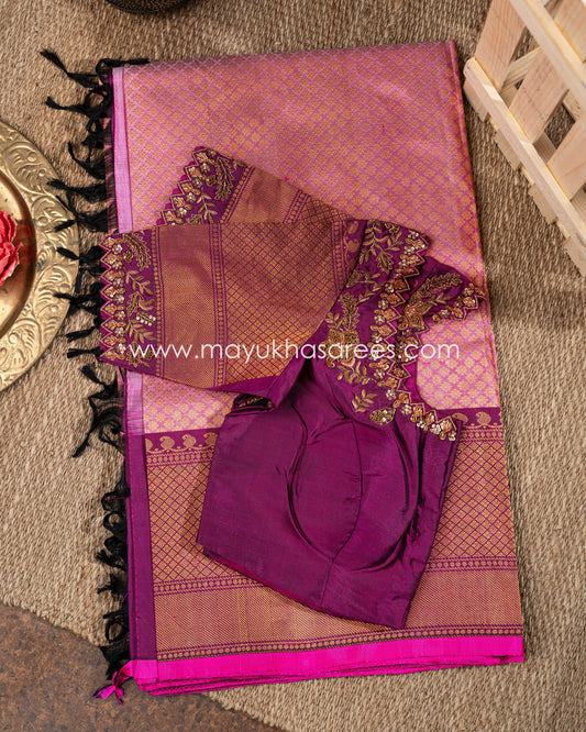 Pink And Purple Gadwal Brocade Silk Saree With Stitched Blouse mayukhasarees