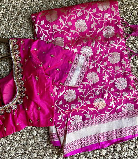 Pink Jaal Banarasi Katan With Kaddi Borders mayukhasarees