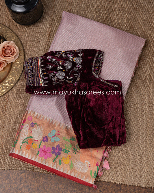 Pink Pure Zari Kota Silk Saree With Stitched Blouse mayukhasarees