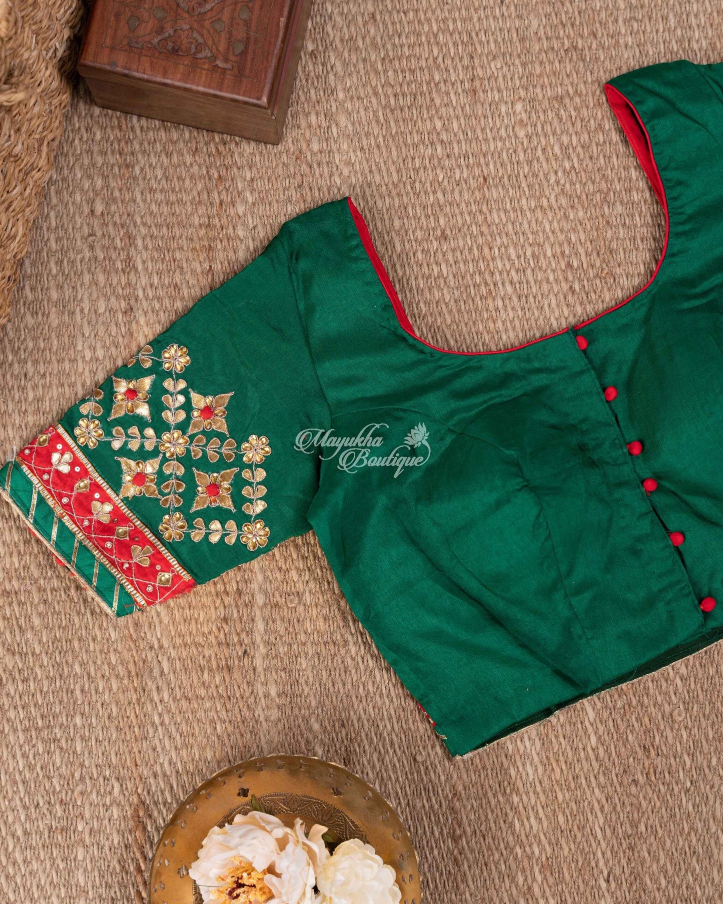 Pure Crepe With Gotta Patti Work Red & Green Traditional Chic Saree With Stitched Blouse In Size 38-44 mayukhasarees