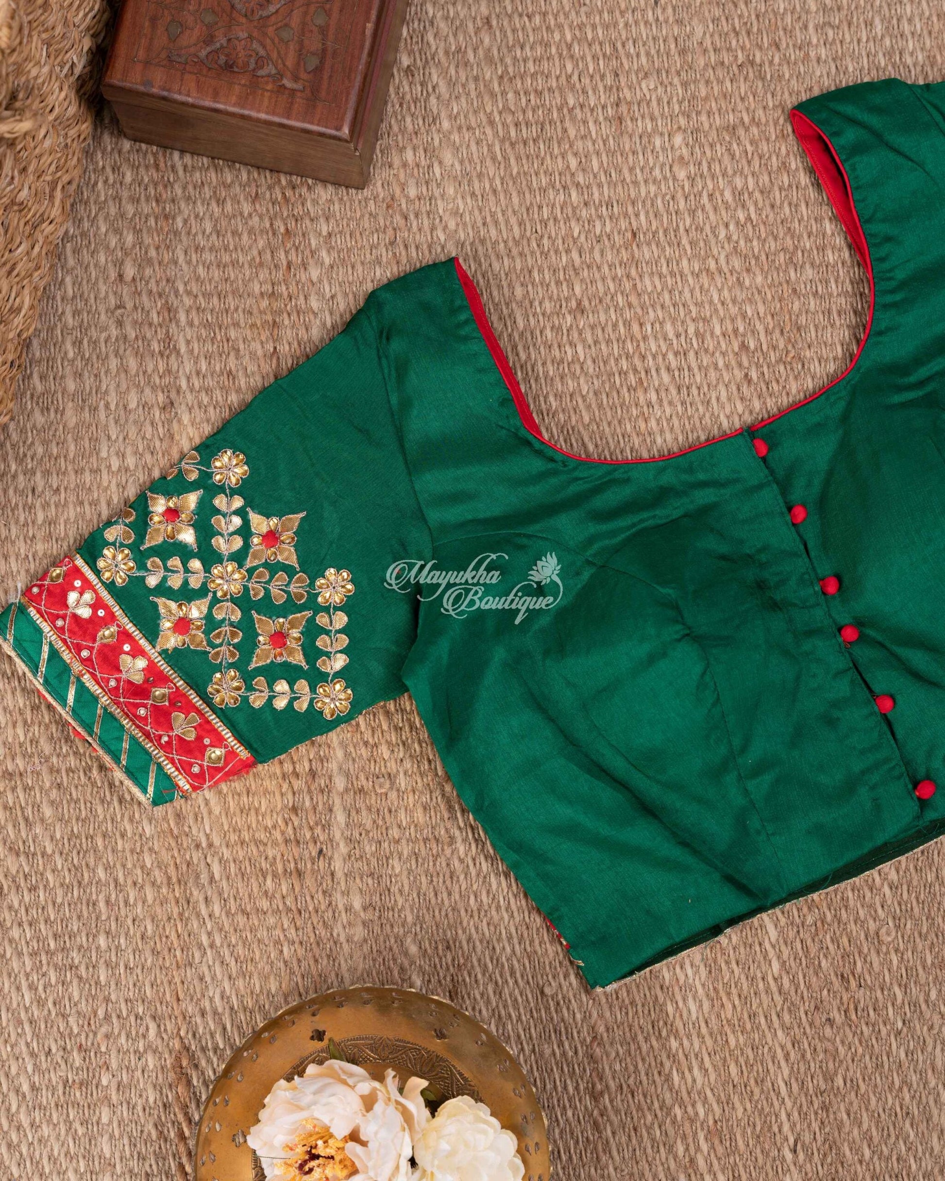 Pure Crepe With Gotta Patti Work Red & Green Traditional Chic Saree With Stitched Blouse In Size 38-44 mayukhasarees