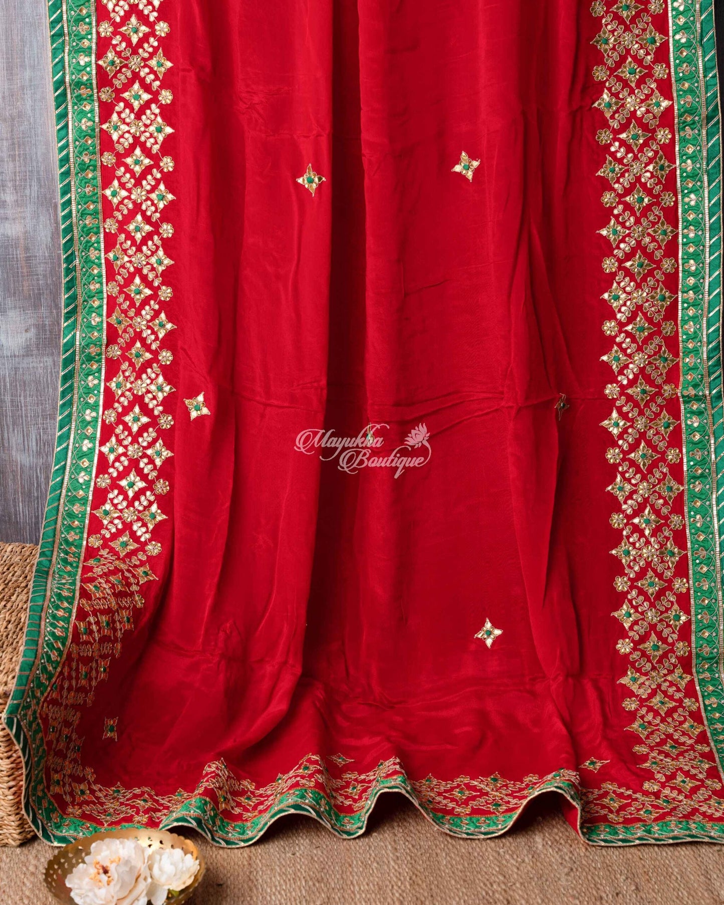 Pure Crepe With Gotta Patti Work Red & Green Traditional Chic Saree With Stitched Blouse In Size 38-44 mayukhasarees