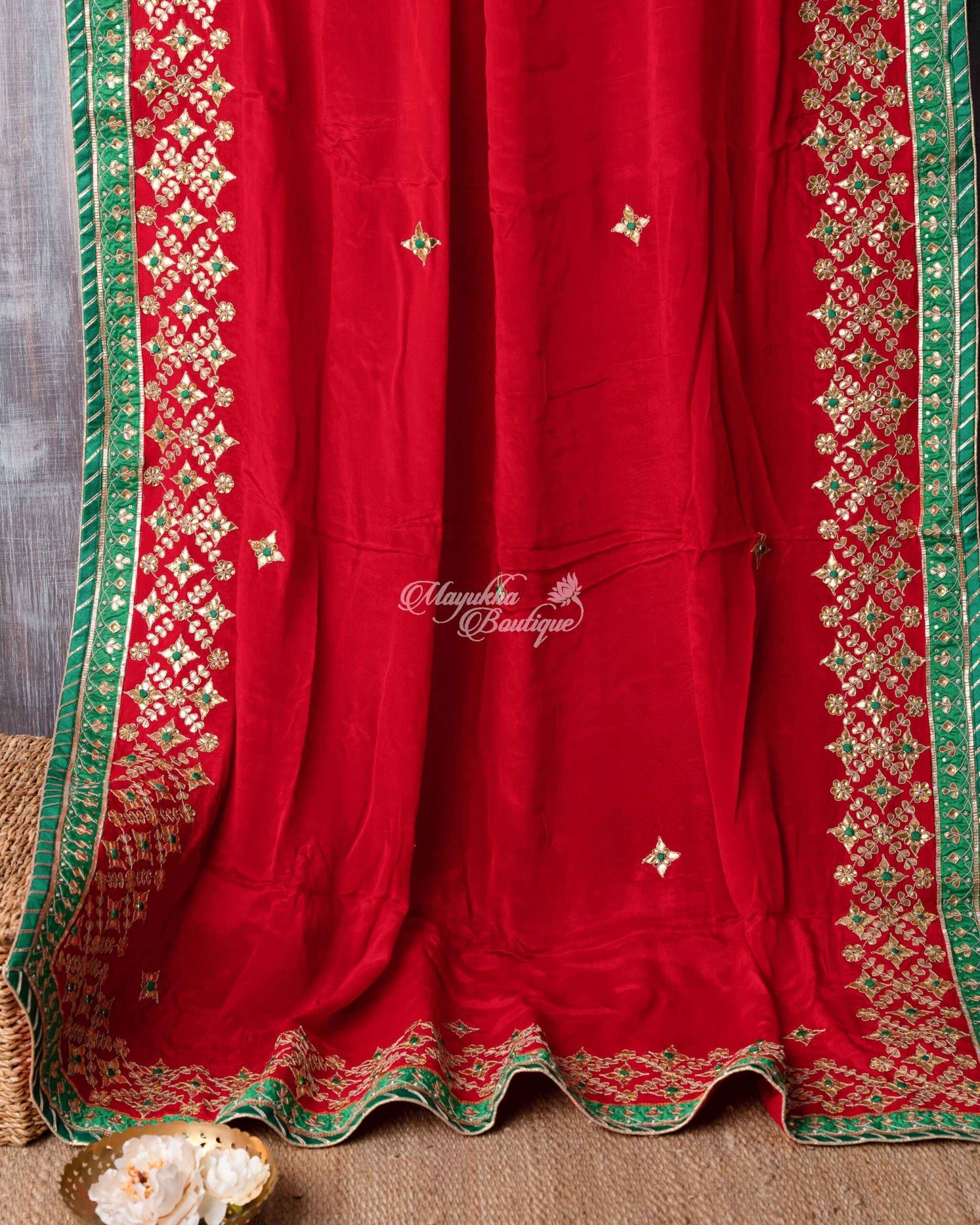 Pure Crepe With Gotta Patti Work Red & Green Traditional Chic Saree With Stitched Blouse In Size 38-44 mayukhasarees