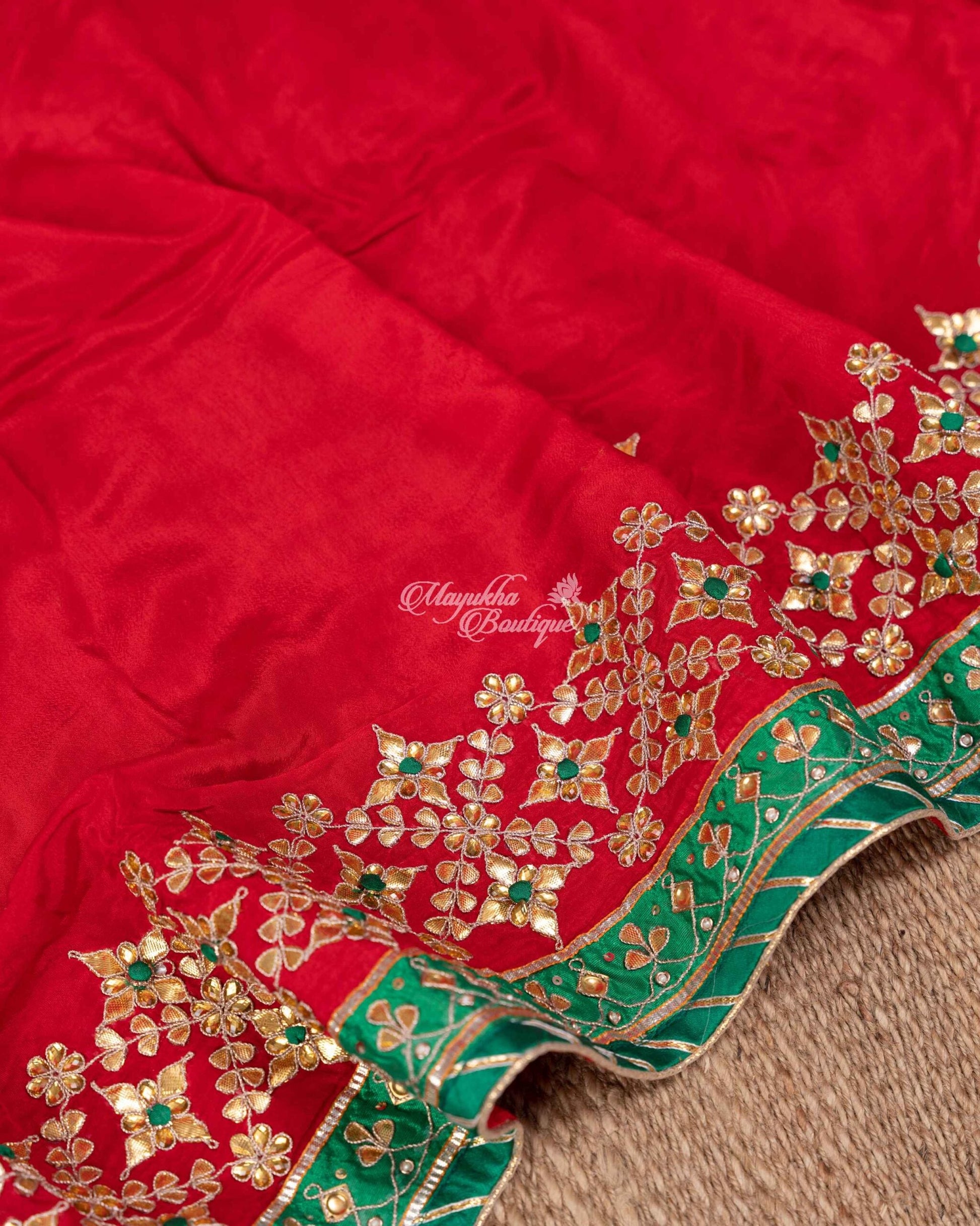 Pure Crepe With Gotta Patti Work Red & Green Traditional Chic Saree With Stitched Blouse In Size 38-44 mayukhasarees