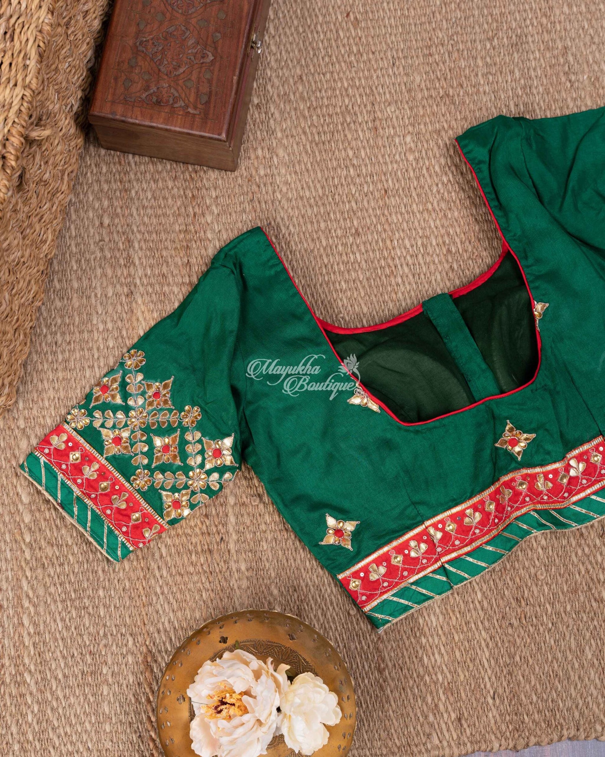 Pure Crepe With Gotta Patti Work Red & Green Traditional Chic Saree With Stitched Blouse In Size 38-44 mayukhasarees