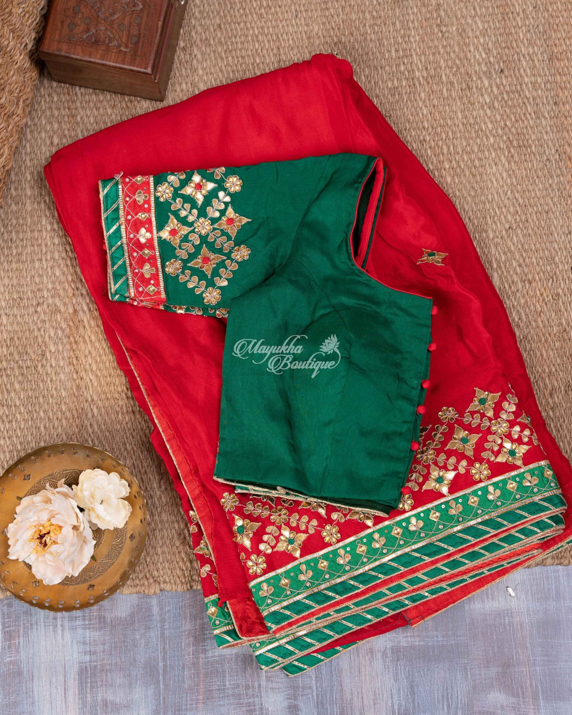 Pure Crepe With Gotta Patti Work Red & Green Traditional Chic Saree With Stitched Blouse In Size 38-44 mayukhasarees
