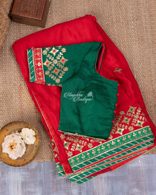 Pure Crepe With Gotta Patti Work Red & Green Traditional Chic Saree With Stitched Blouse In Size 38-44 mayukhasarees
