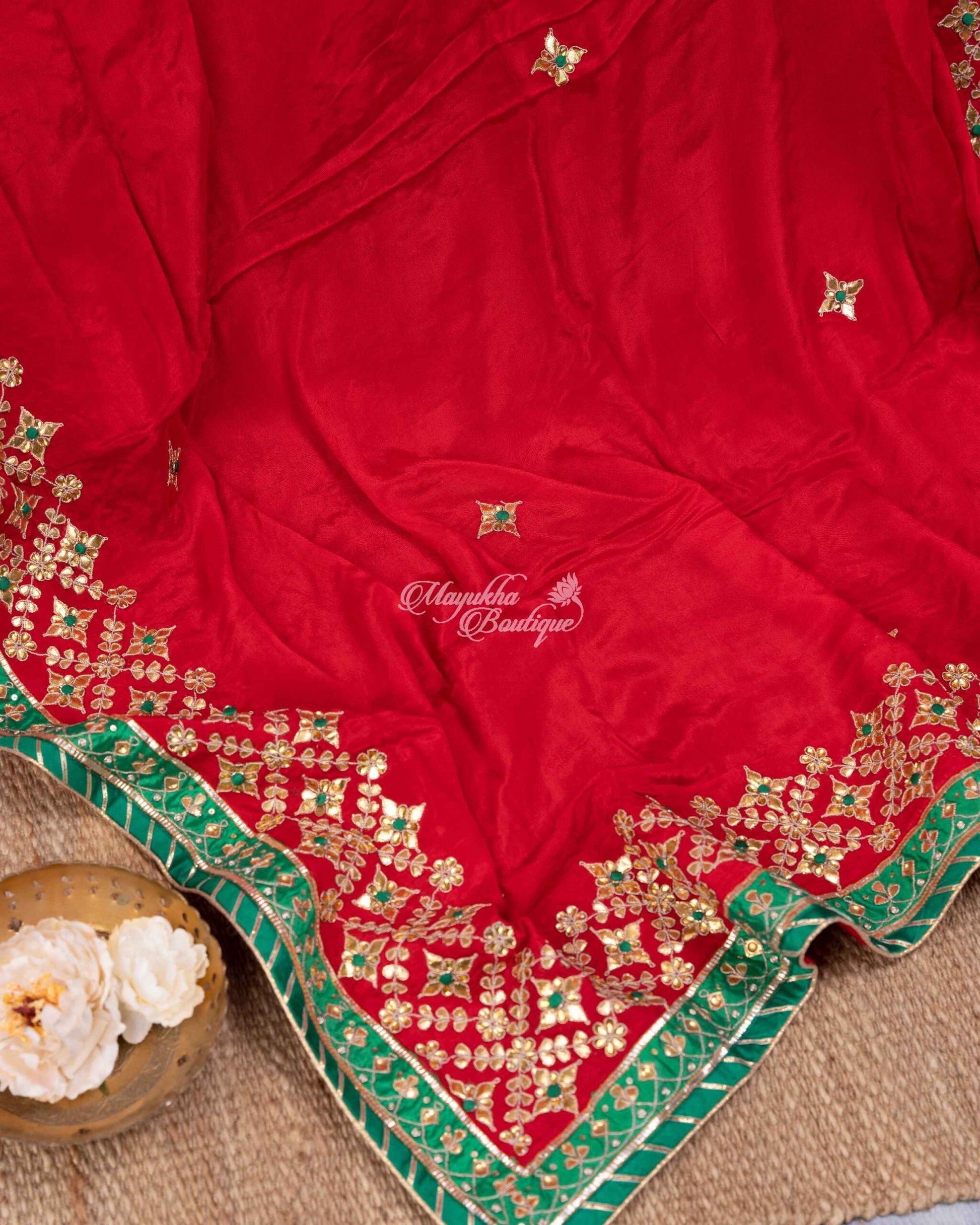 Pure Crepe With Gotta Patti Work Red & Green Traditional Chic Saree With Stitched Blouse In Size 38-44 mayukhasarees