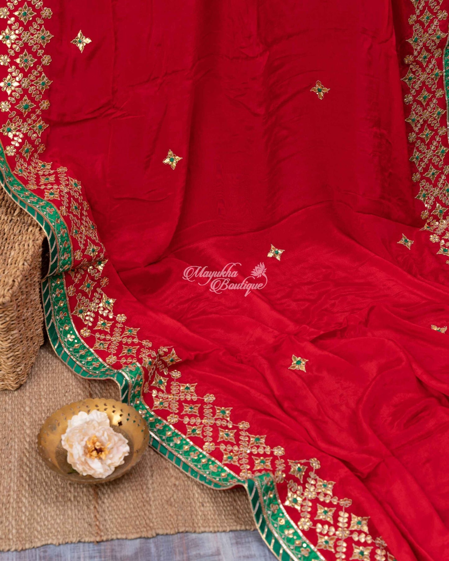 Pure Crepe With Gotta Patti Work Red & Green Traditional Chic Saree With Stitched Blouse In Size 38-44 mayukhasarees