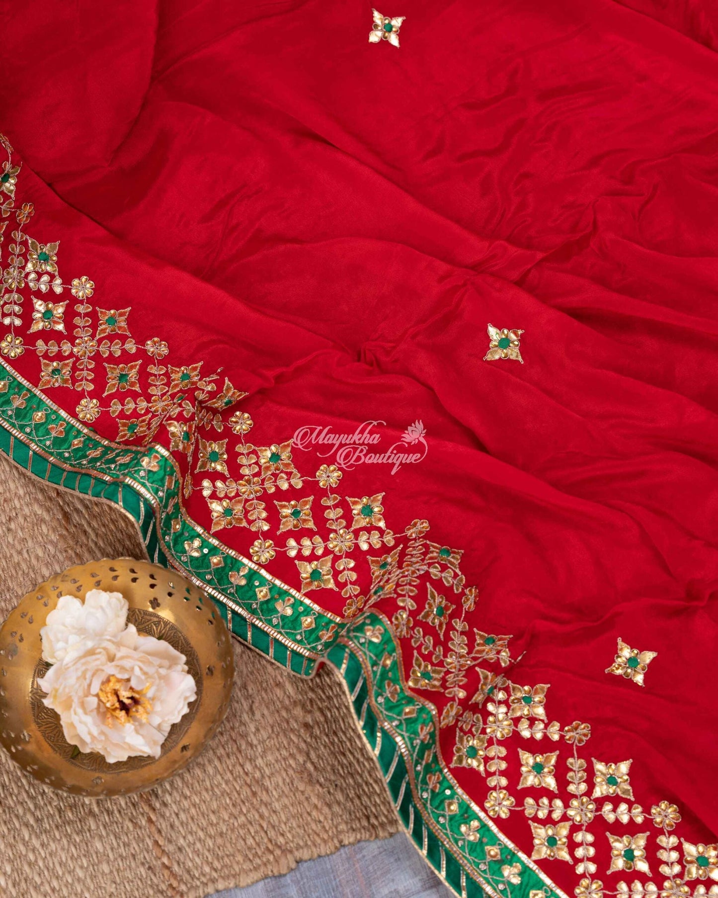 Pure Crepe With Gotta Patti Work Red & Green Traditional Chic Saree With Stitched Blouse In Size 38-44 mayukhasarees