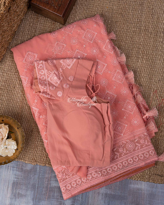 Pure Georgette Chikankari On Georgette Peach Cantaloupe Saree With Stitched Blouse In Size 38-44 mayukhasarees