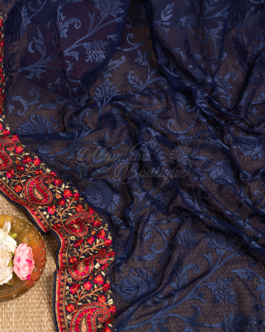 Pure Georgette Midnight Blue Sozni-Kashmir Embroidery Saree mayukhasarees
