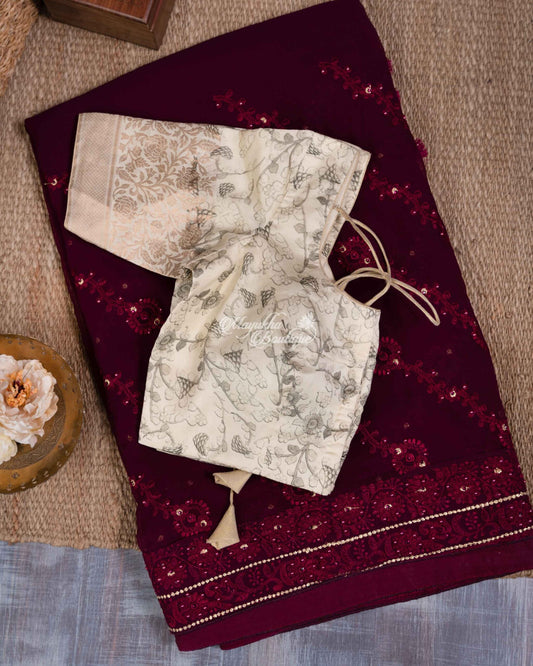 Pure Georgette With Chikankari Embroidery & Pure Tassar Georgette Blouse Wine & Off White Pulsating Purple Saree With Stitched Blouse In Size 38-44 mayukhasarees