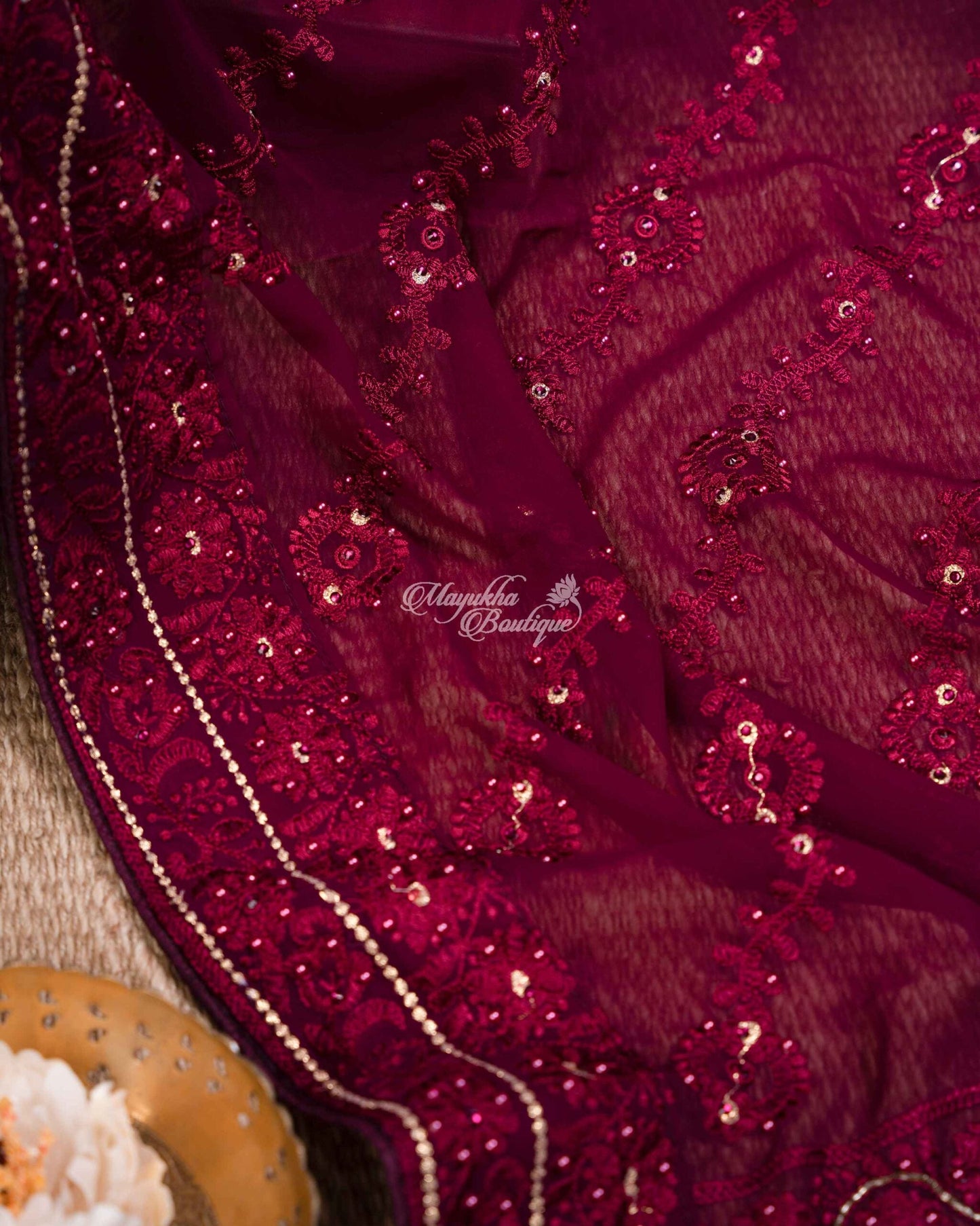 Pure Georgette With Chikankari Embroidery & Pure Tassar Georgette Blouse Wine & Off White Pulsating Purple Saree With Stitched Blouse In Size 38-44 mayukhasarees