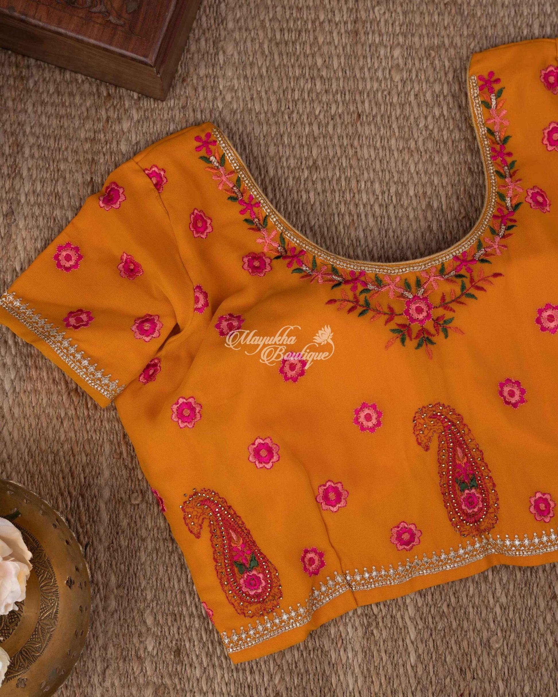 Pure Georgette With Kashmiri Embroidery Mustard Yellow Auspicious Mustard Saree With Stitched Blouse In Size 38-44 mayukhasarees