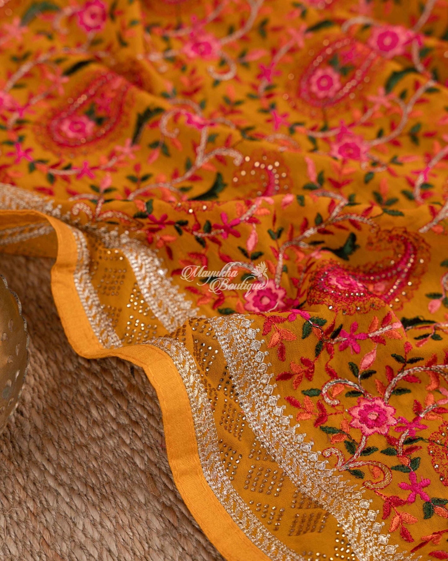 Pure Georgette With Kashmiri Embroidery Mustard Yellow Auspicious Mustard Saree With Stitched Blouse In Size 38-44 mayukhasarees