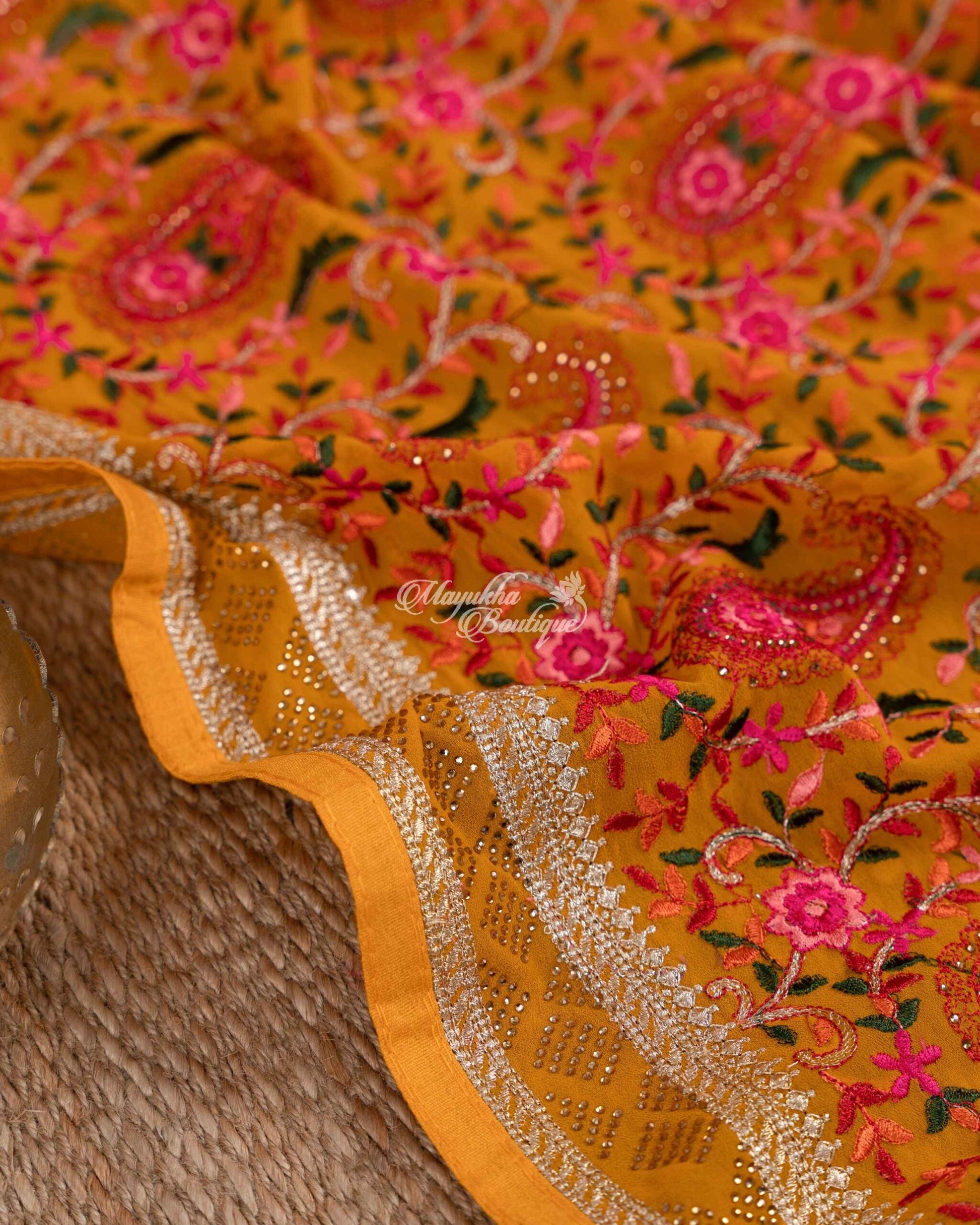 Pure Georgette With Kashmiri Embroidery Mustard Yellow Auspicious Mustard Saree With Stitched Blouse In Size 38-44 mayukhasarees