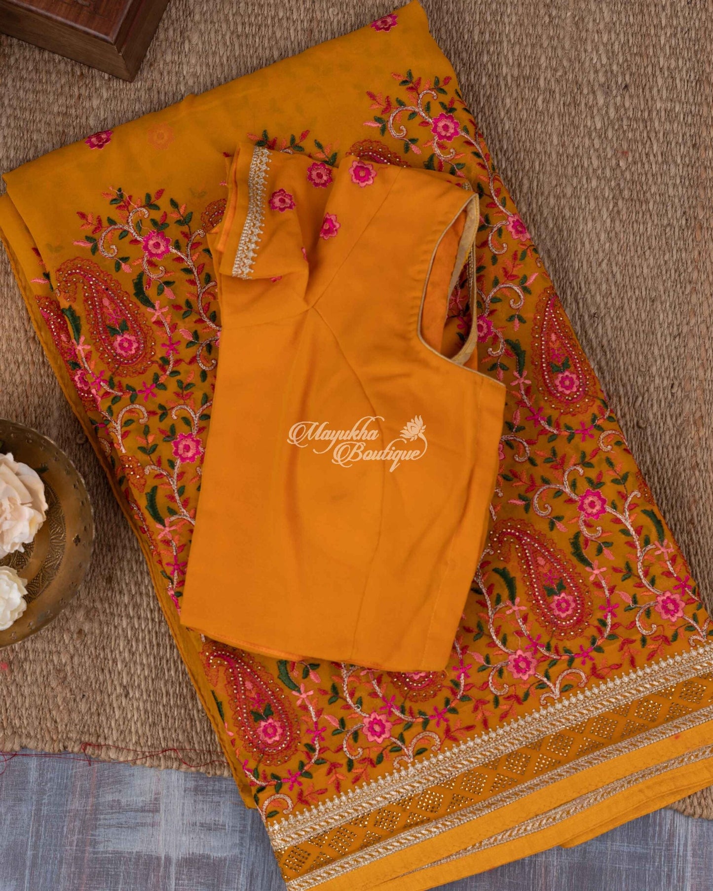Pure Georgette With Kashmiri Embroidery Mustard Yellow Auspicious Mustard Saree With Stitched Blouse In Size 38-44 mayukhasarees