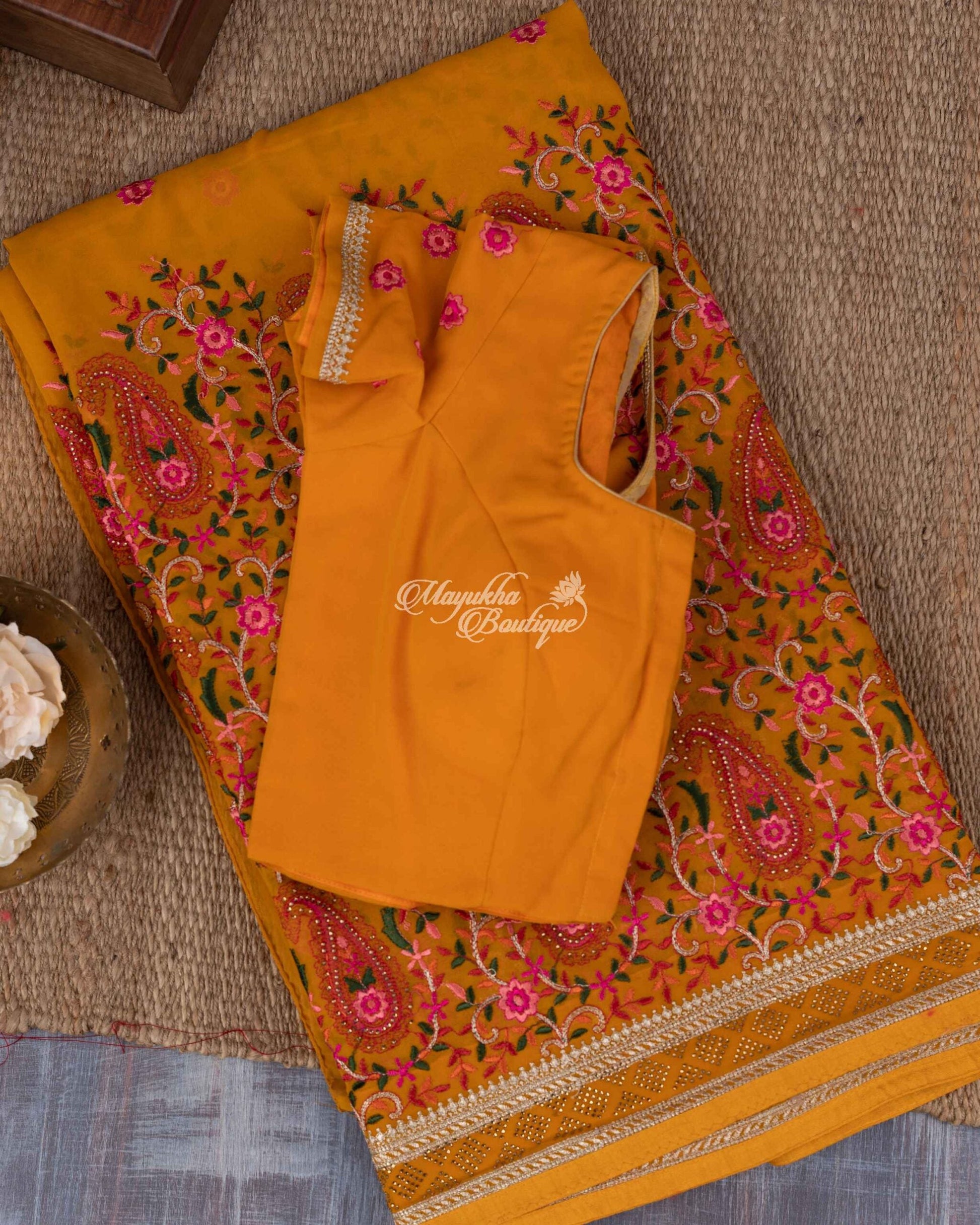 Pure Georgette With Kashmiri Embroidery Mustard Yellow Auspicious Mustard Saree With Stitched Blouse In Size 38-44 mayukhasarees
