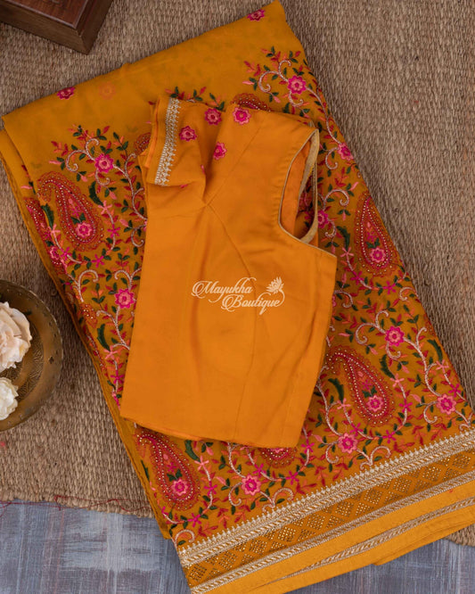 Pure Georgette With Kashmiri Embroidery Mustard Yellow Auspicious Mustard Saree With Stitched Blouse In Size 38-44 mayukhasarees