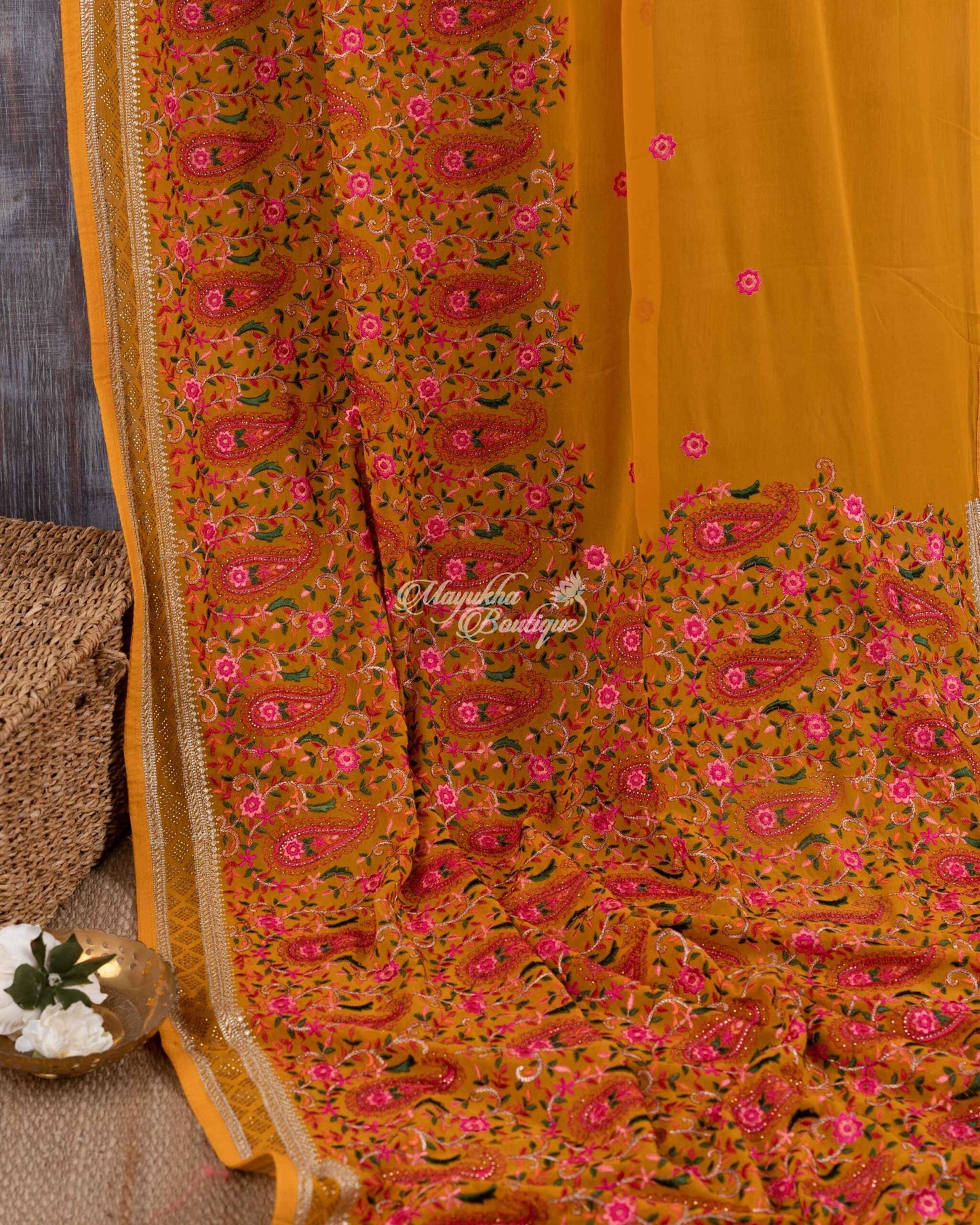Pure Georgette With Kashmiri Embroidery Mustard Yellow Auspicious Mustard Saree With Stitched Blouse In Size 38-44 mayukhasarees