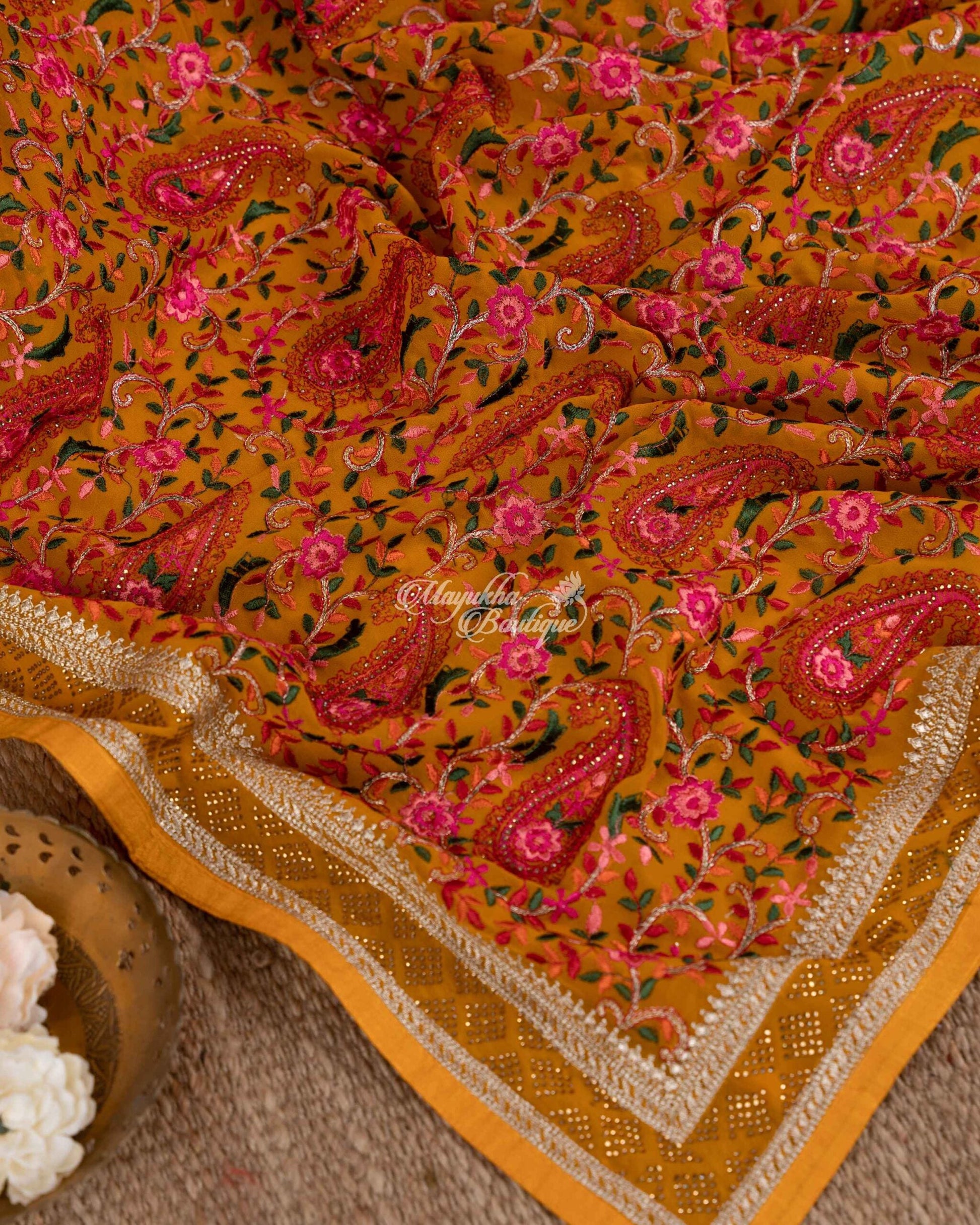 Pure Georgette With Kashmiri Embroidery Mustard Yellow Auspicious Mustard Saree With Stitched Blouse In Size 38-44 mayukhasarees