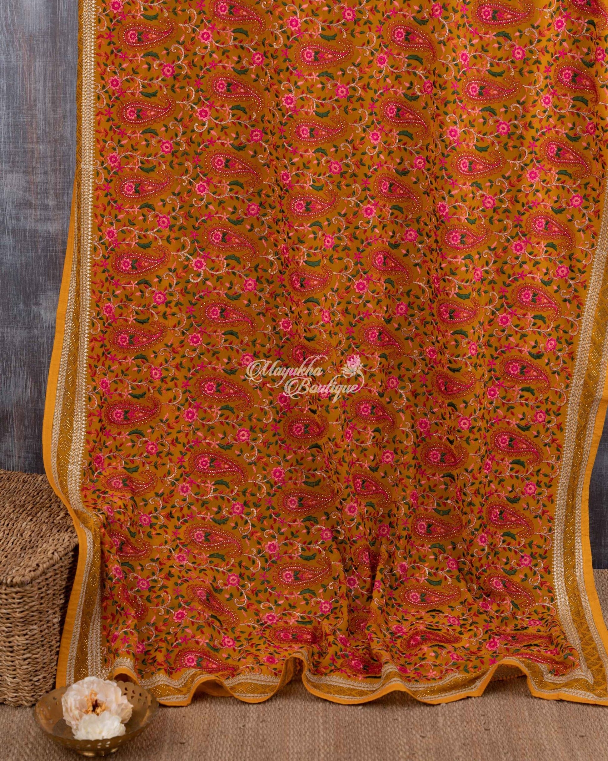 Pure Georgette With Kashmiri Embroidery Mustard Yellow Auspicious Mustard Saree With Stitched Blouse In Size 38-44 mayukhasarees