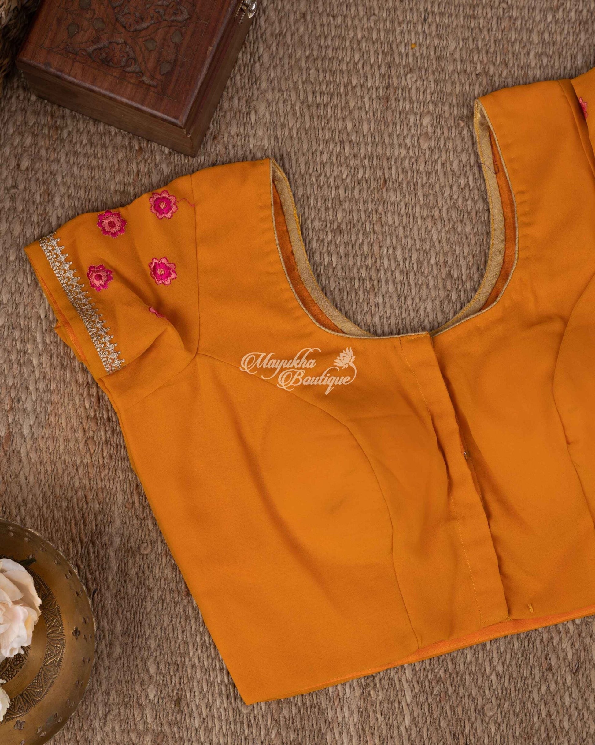 Pure Georgette With Kashmiri Embroidery Mustard Yellow Auspicious Mustard Saree With Stitched Blouse In Size 38-44 mayukhasarees