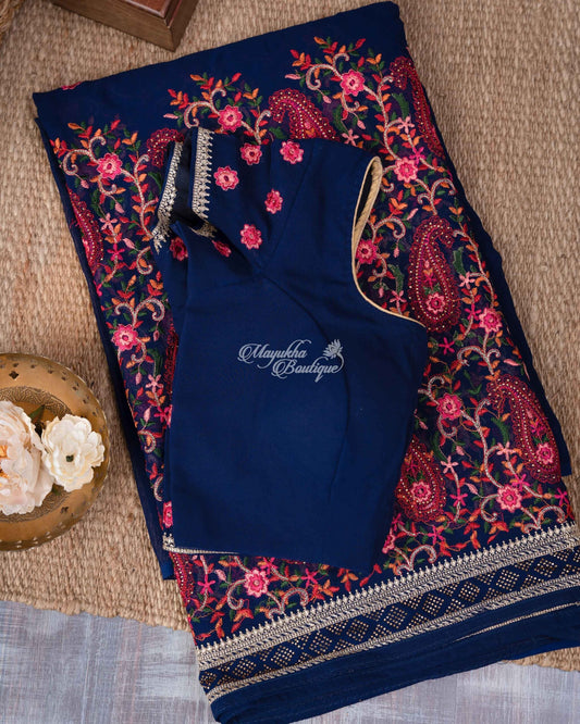 Pure Georgette With Kashmiri Work Navy Blue Pretty Florals Saree With Stitched Blouse In Size 38-44 mayukhasarees