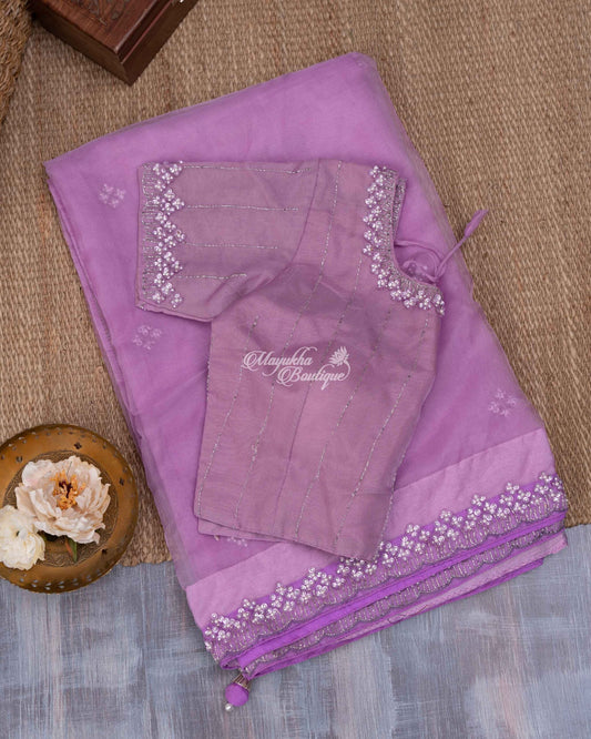Pure Organza With Beads Work Lavender Lilac Bliss Saree With Stitched Blouse In Size 38-44 mayukhasarees