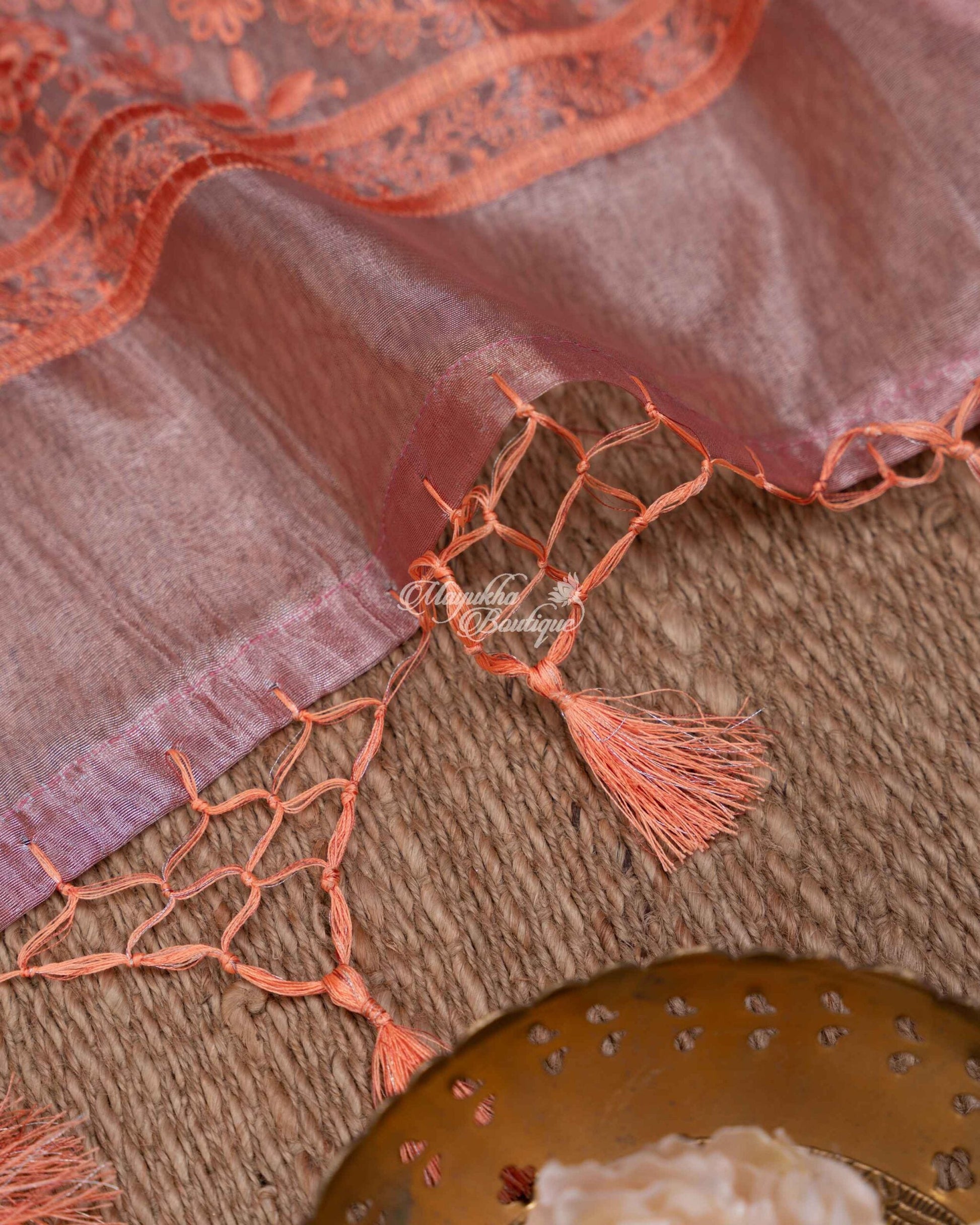 Pure Organza With Chikankari Peach & Maron Charming Coral Saree With Stitched Blouse In Size 38-44 mayukhasarees