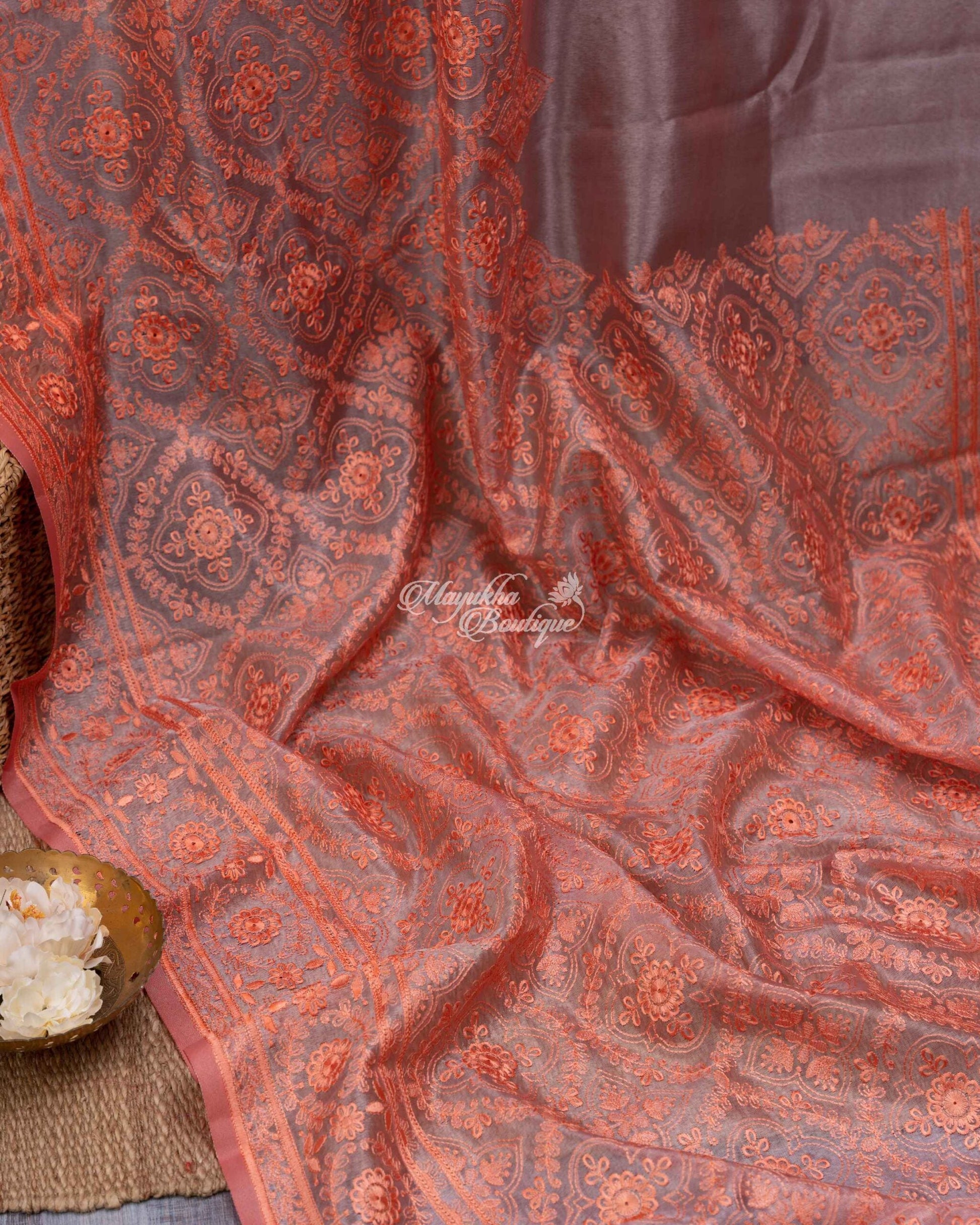 Pure Organza With Chikankari Peach & Maron Charming Coral Saree With Stitched Blouse In Size 38-44 mayukhasarees