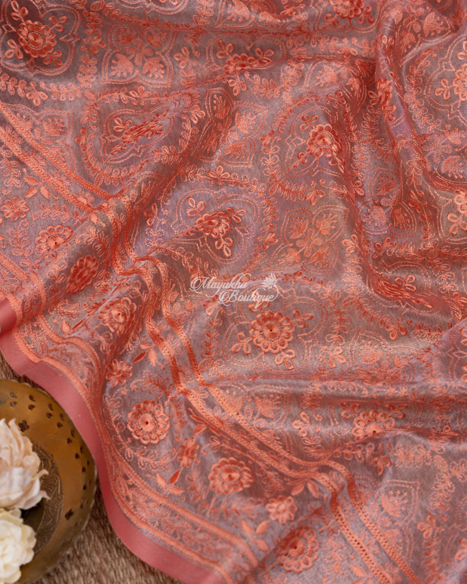 Pure Organza With Chikankari Peach & Maron Charming Coral Saree With Stitched Blouse In Size 38-44 mayukhasarees
