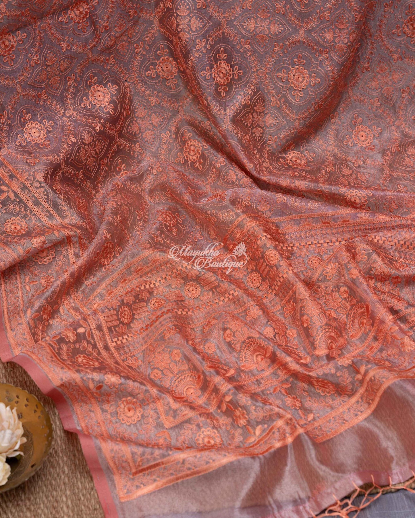 Pure Organza With Chikankari Peach & Maron Charming Coral Saree With Stitched Blouse In Size 38-44 mayukhasarees