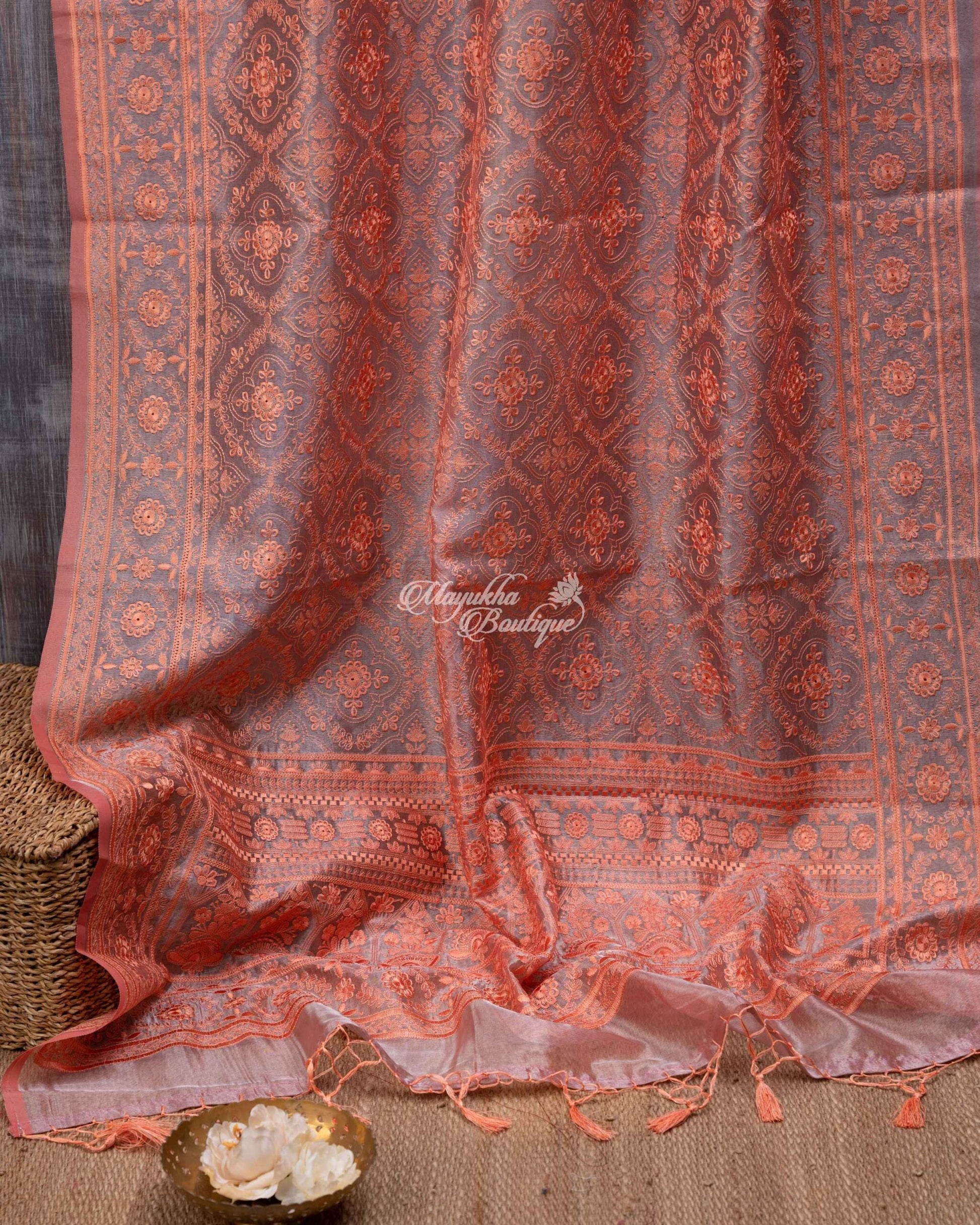 Pure Organza With Chikankari Peach & Maron Charming Coral Saree With Stitched Blouse In Size 38-44 mayukhasarees