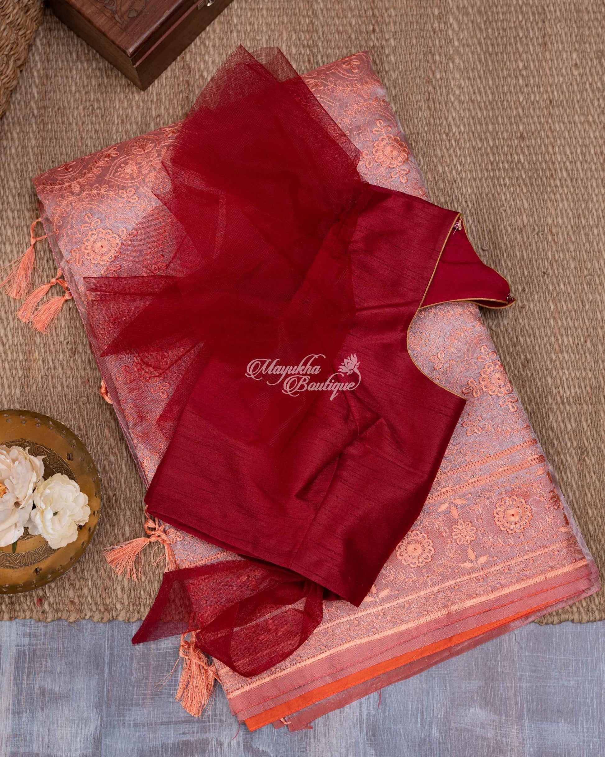 Pure Organza With Chikankari Peach & Maron Charming Coral Saree With Stitched Blouse In Size 38-44 mayukhasarees